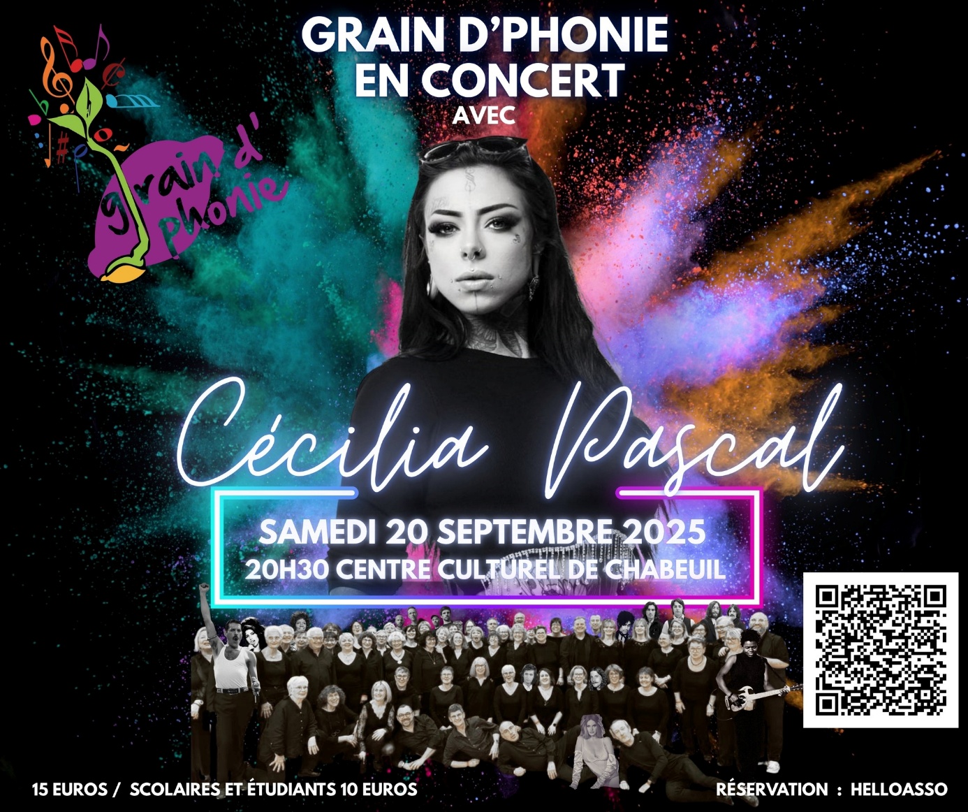 Peut être une image de 1 personne et texte qui dit ’GRAIN D'PHONIE EN CONCERT AVEC raind เนณ Phone phonie Cécilia Pascal SAMEDI 20 SEPTEMBRE 2025 20H30 CENTRE CUI CULTURELDE CHABEUIL 15 EUROS/ SCOLAIRES ET ÉTUDIANTS 10 EUROS RÉSERVATION RÉSERVATION:HELLOASSO HELLOASSO’